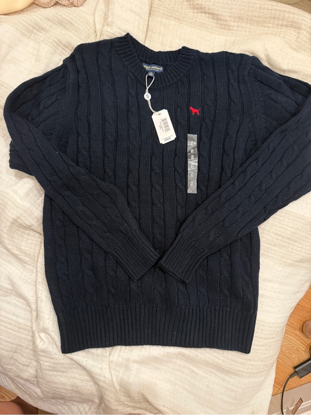 Simply southern emma Navy Cable-Knit Sweater with Red Dog Logo